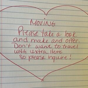 Handwritten Moving Sale Note in Red Heart